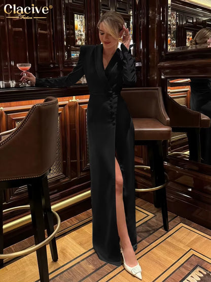 Fashion Slim White Dress Bodycon Lapel Long Sleeve Ankle Length Dress Party Elegant Classic Slit Dresses for Women 2024