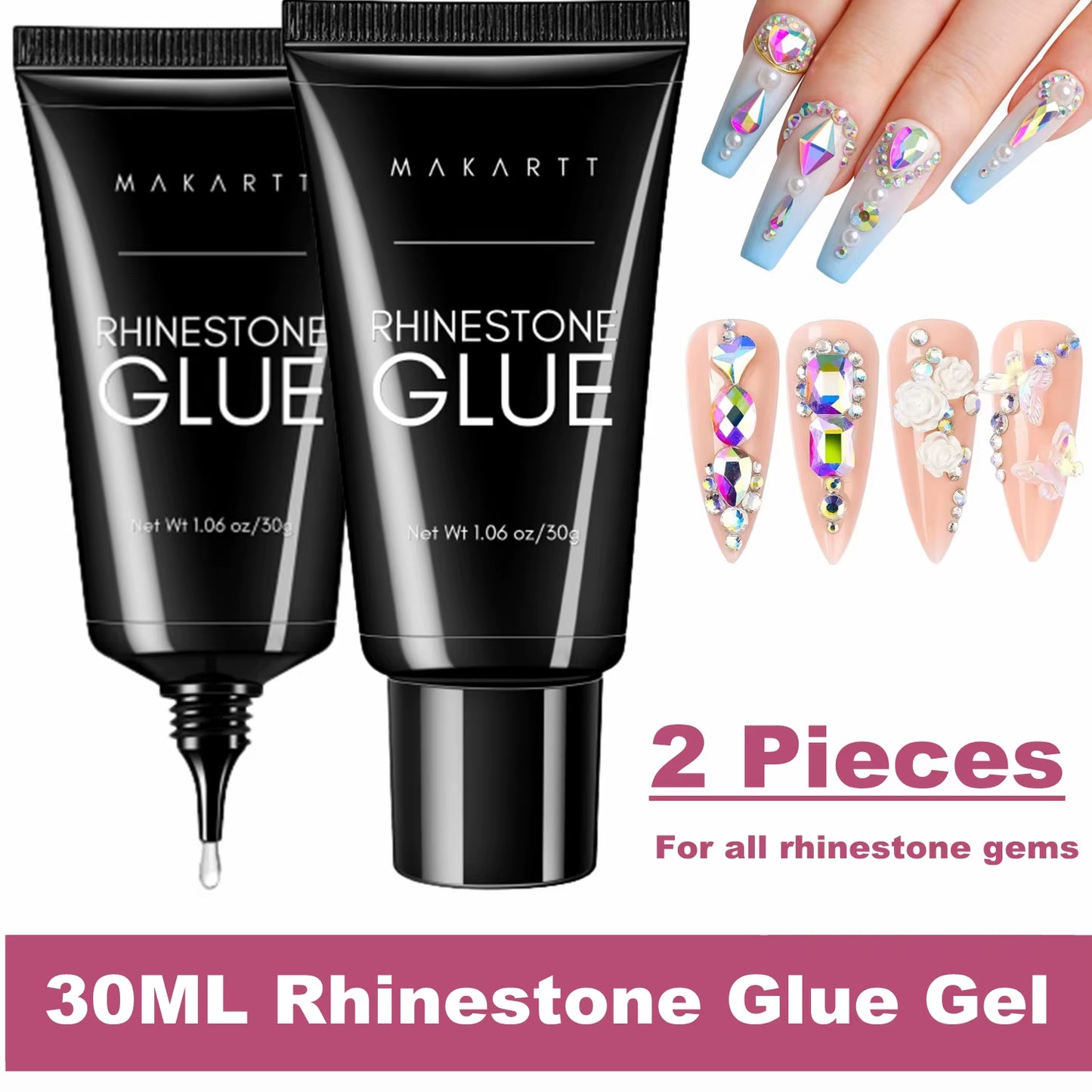 Nail Rhinestone Glue Gel Kit, Clear Nail Gem Glue Gel Super Strong Adhesive Nail Art Glue for Nail Decorations 3D Stone