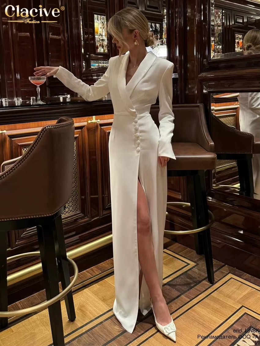 Fashion Slim White Dress Bodycon Lapel Long Sleeve Ankle Length Dress Party Elegant Classic Slit Dresses for Women 2024