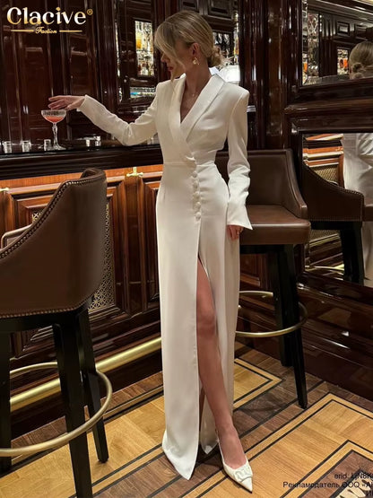 Fashion Slim White Dress Bodycon Lapel Long Sleeve Ankle Length Dress Party Elegant Classic Slit Dresses for Women 2024