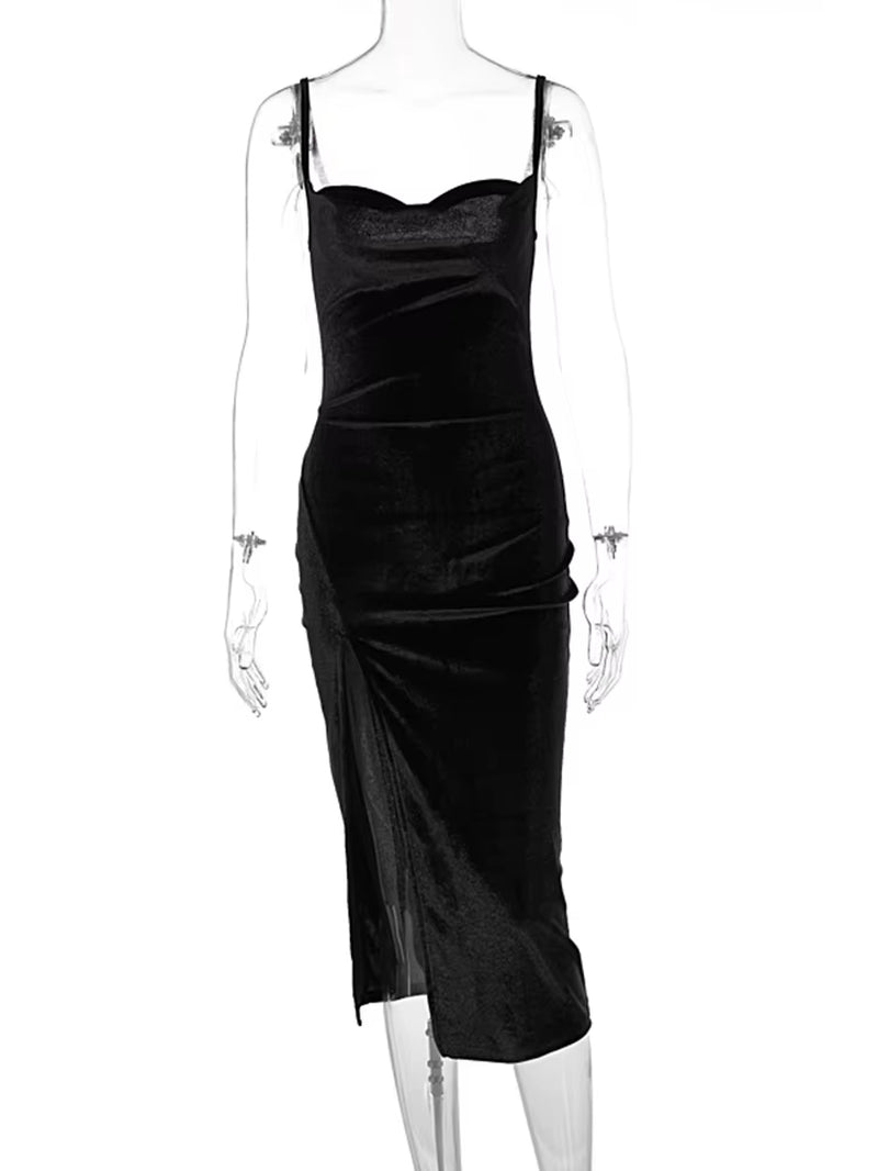 Velvet Swing Collar Sleeveless Slip Sexy Slit Maxi Dress 2025 New Fashion Evening Party Women Elegant Streetwear Y2K