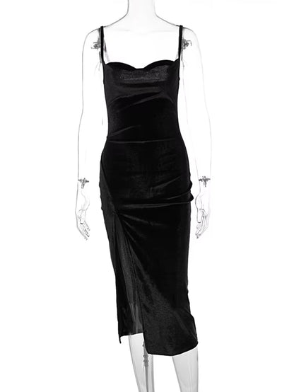 Velvet Swing Collar Sleeveless Slip Sexy Slit Maxi Dress 2025 New Fashion Evening Party Women Elegant Streetwear Y2K