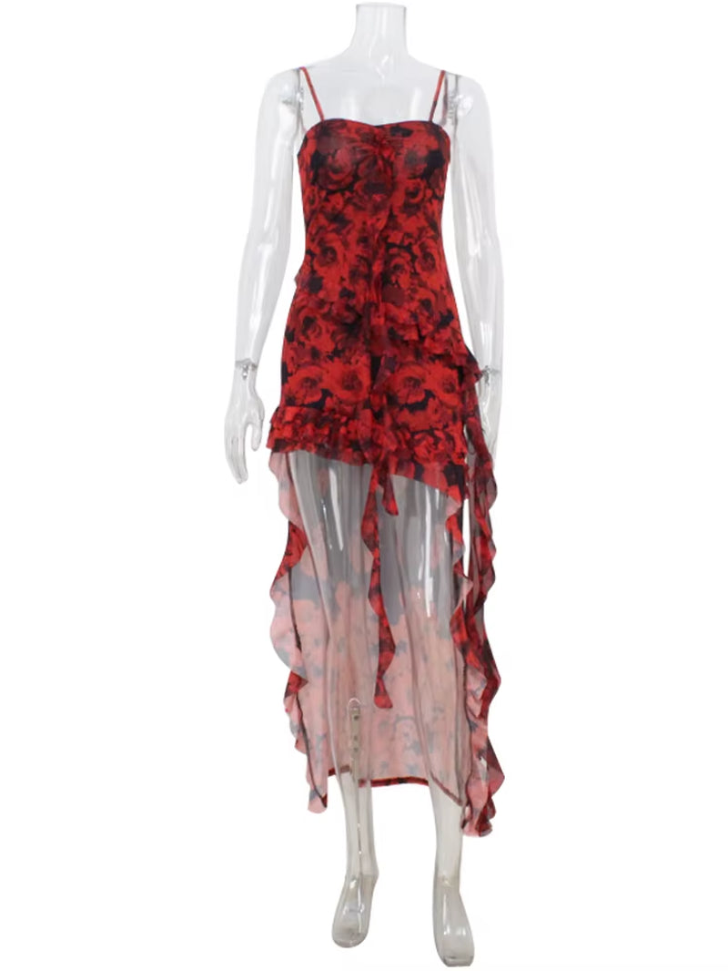 Camisoles Mesh Patchwork Prints Sheer Irregular Hemline Trendy Chic Sheath Women Dresses Sexy Club Streetwear Female