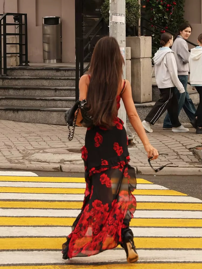Camisoles Mesh Patchwork Prints Sheer Irregular Hemline Trendy Chic Sheath Women Dresses Sexy Club Streetwear Female