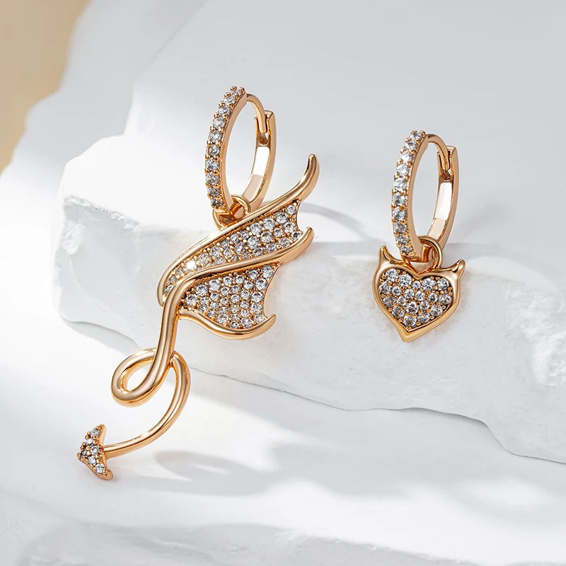 Hot 585 Rose Gold Color Asymmetrical Big Drop Earrings for Women Personality Full White Natural Zircon Daily Fine Jewelry