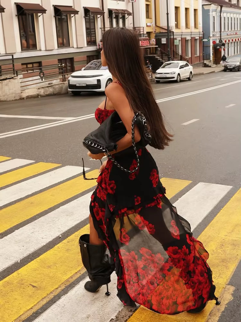 Camisoles Mesh Patchwork Prints Sheer Irregular Hemline Trendy Chic Sheath Women Dresses Sexy Club Streetwear Female