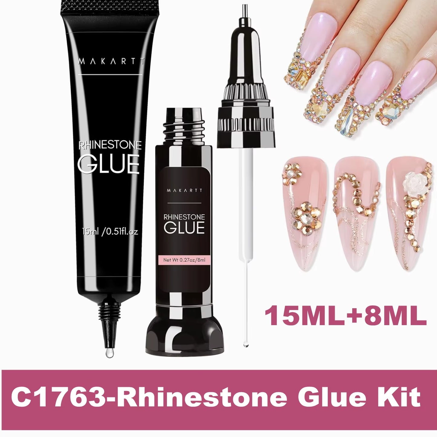 Nail Rhinestone Glue Gel Kit, Clear Nail Gem Glue Gel Super Strong Adhesive Nail Art Glue for Nail Decorations 3D Stone