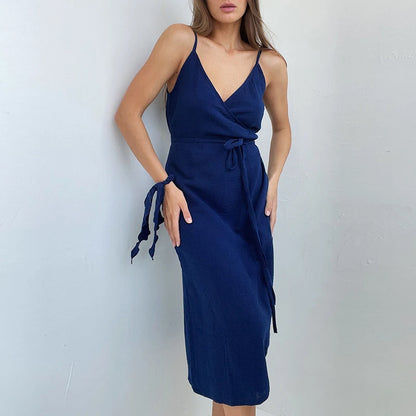 Vintage Women'S Dress 100% Cotton Crepe Gauze V-Neck Sleeveless Bandage Long Maxi Elegant Dresses for Women