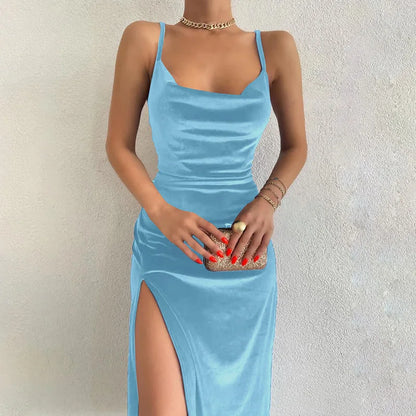 Velvet Swing Collar Sleeveless Slip Sexy Slit Maxi Dress 2025 New Fashion Evening Party Women Elegant Streetwear Y2K