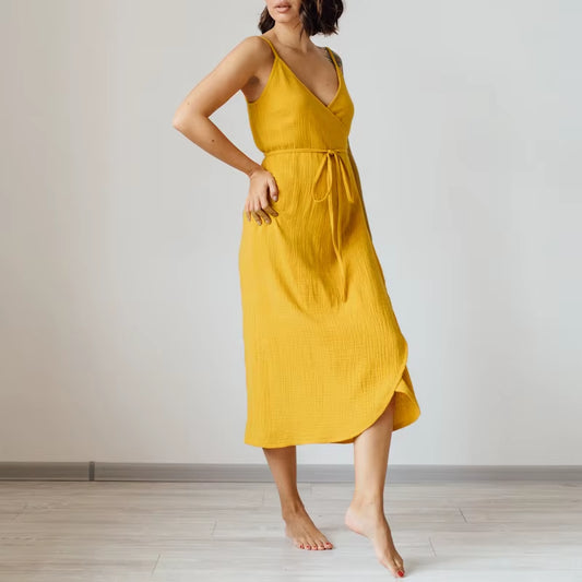 Vintage Women'S Dress 100% Cotton Crepe Gauze V-Neck Sleeveless Bandage Long Maxi Elegant Dresses for Women