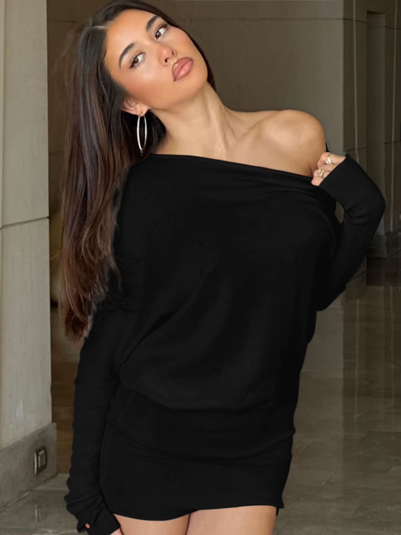 Sexy Long Sleeve Mini Dress Oblique Shoulder Solid Simple Dresses Party Club Birthday Vacation Date Y2K Women Clothes