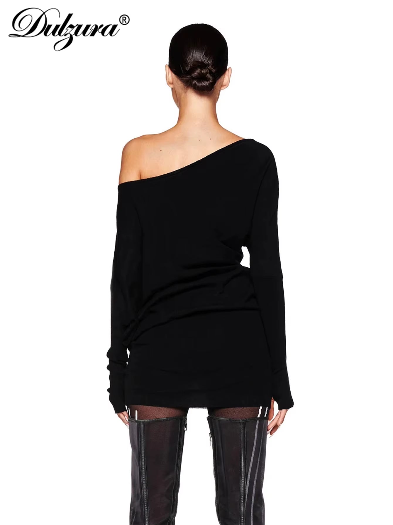 Sexy Long Sleeve Mini Dress Oblique Shoulder Solid Simple Dresses Party Club Birthday Vacation Date Y2K Women Clothes