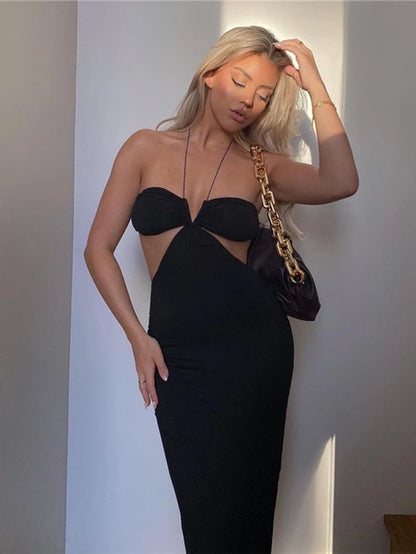 2025 Summer Spaghetti Strap Halter Sexy Backless Maxi Dress Elegant Bandage Sleeveless Club Party Dresses Bodycon