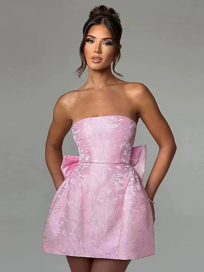 Elegant Jacquard Satin Women Dresses Chest Wrapping Sleeveless Backless Bow Lacing Summer Sexy Banquet Party Mini Dresses