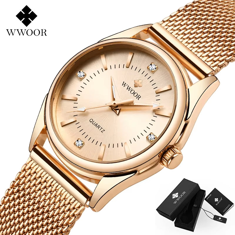 Luxury Brand Dress Gold Watch Ladies Elegant Diamond Small Quartz Wrist Watches for Women Steel Mesh Clock Zegarek Damski