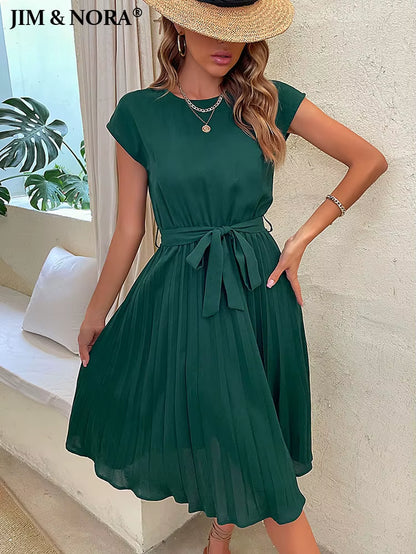 Elegant Women Summer Casual Beach Sundress Short Sleeve Pleated Midi Dress Soild Colour O Neck Tunic Dresses Fashion