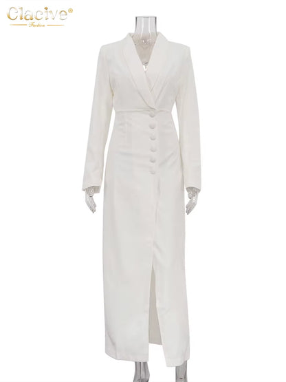 Fashion Slim White Dress Bodycon Lapel Long Sleeve Ankle Length Dress Party Elegant Classic Slit Dresses for Women 2024