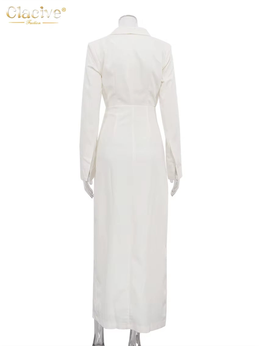 Fashion Slim White Dress Bodycon Lapel Long Sleeve Ankle Length Dress Party Elegant Classic Slit Dresses for Women 2024