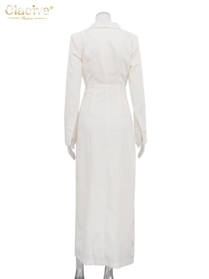 Fashion Slim White Dress Bodycon Lapel Long Sleeve Ankle Length Dress Party Elegant Classic Slit Dresses for Women 2024