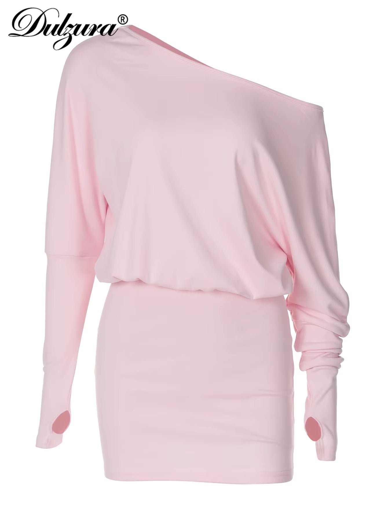 Sexy Long Sleeve Mini Dress Oblique Shoulder Solid Simple Dresses Party Club Birthday Vacation Date Y2K Women Clothes