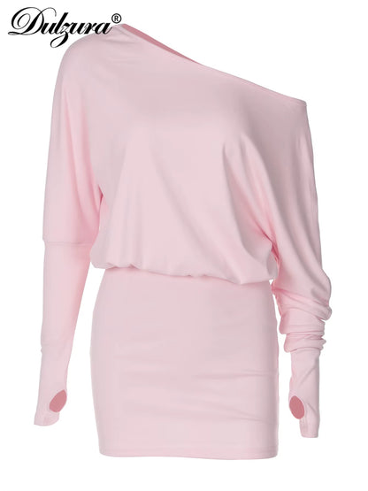 Sexy Long Sleeve Mini Dress Oblique Shoulder Solid Simple Dresses Party Club Birthday Vacation Date Y2K Women Clothes