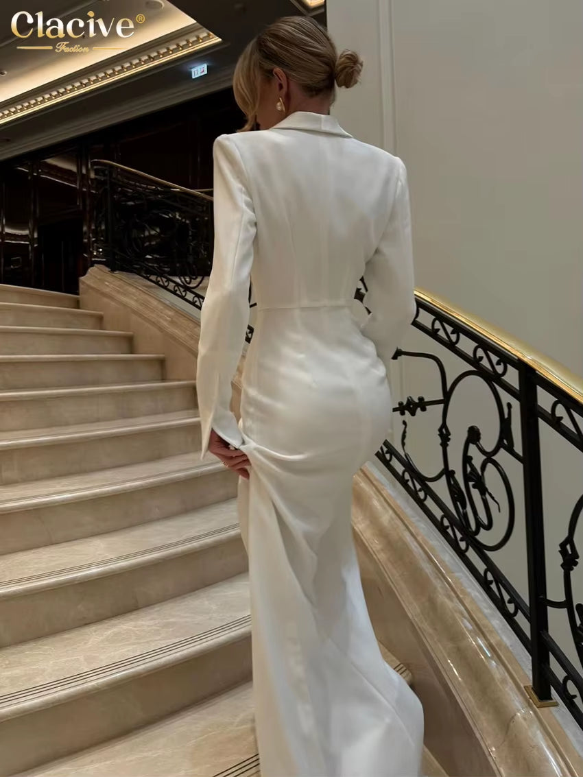 Fashion Slim White Dress Bodycon Lapel Long Sleeve Ankle Length Dress Party Elegant Classic Slit Dresses for Women 2024